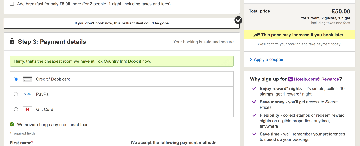 Hotels.com discount code input box on the checkout page